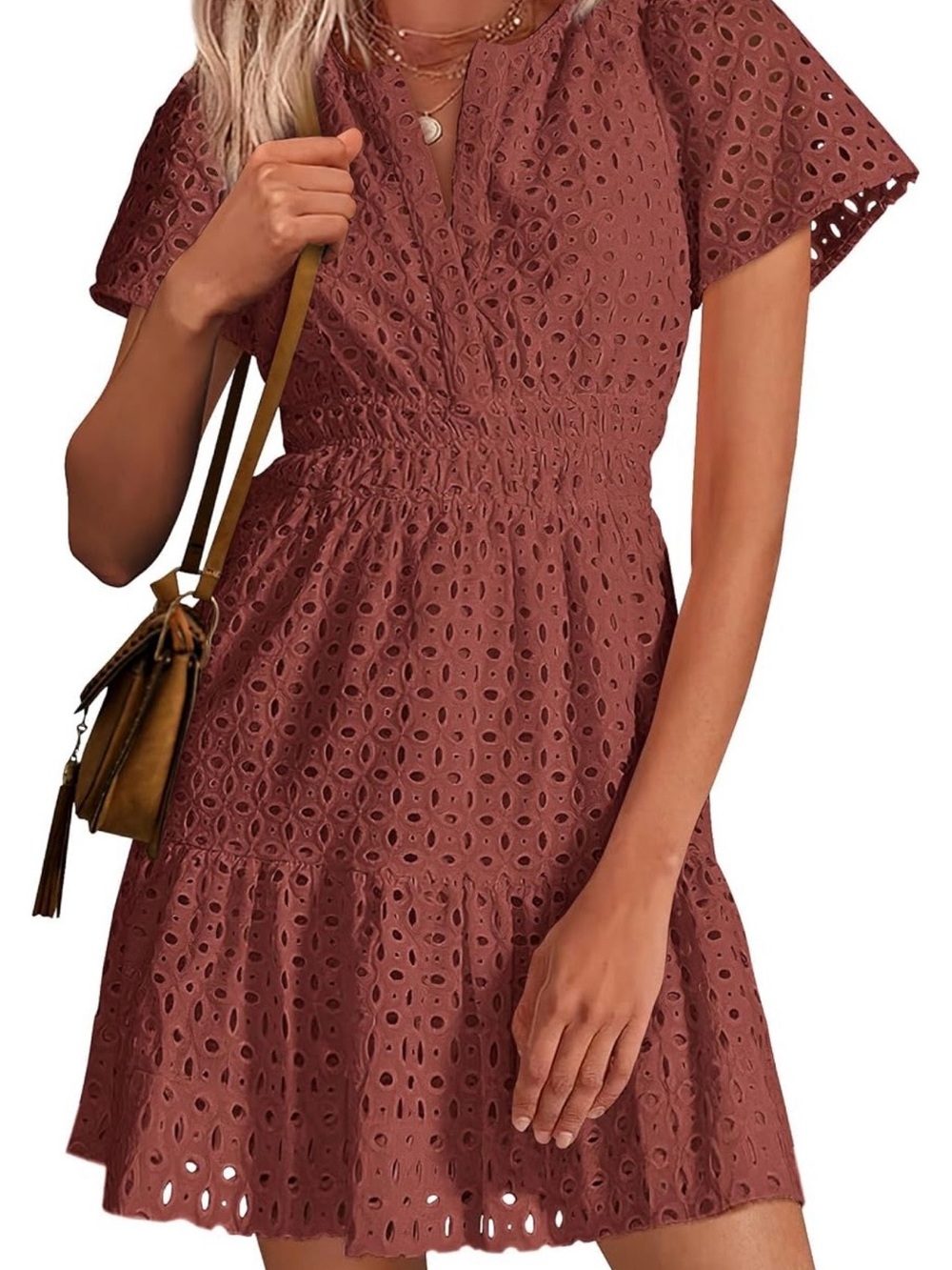 PrettyGarden Short Sleeve Eyelet Lace Mini Dress